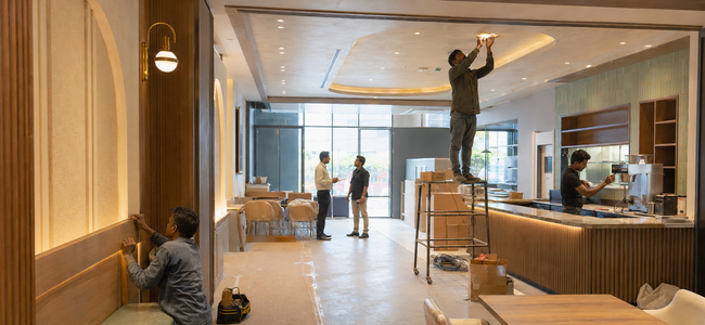 Multiple trades coordinating on site during a restaurant fit-out, with workers installing lighting and finishes